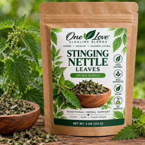 One Love Alkaline Blends Stinging Nettle Leaves 4 oz kraft brown stand-up pouch product mockup