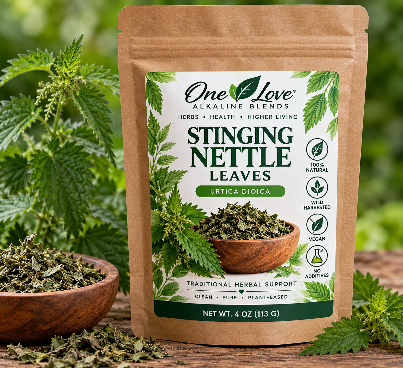 One Love Alkaline Blends Stinging Nettle Leaves 4 oz kraft brown stand-up pouch product mockup
